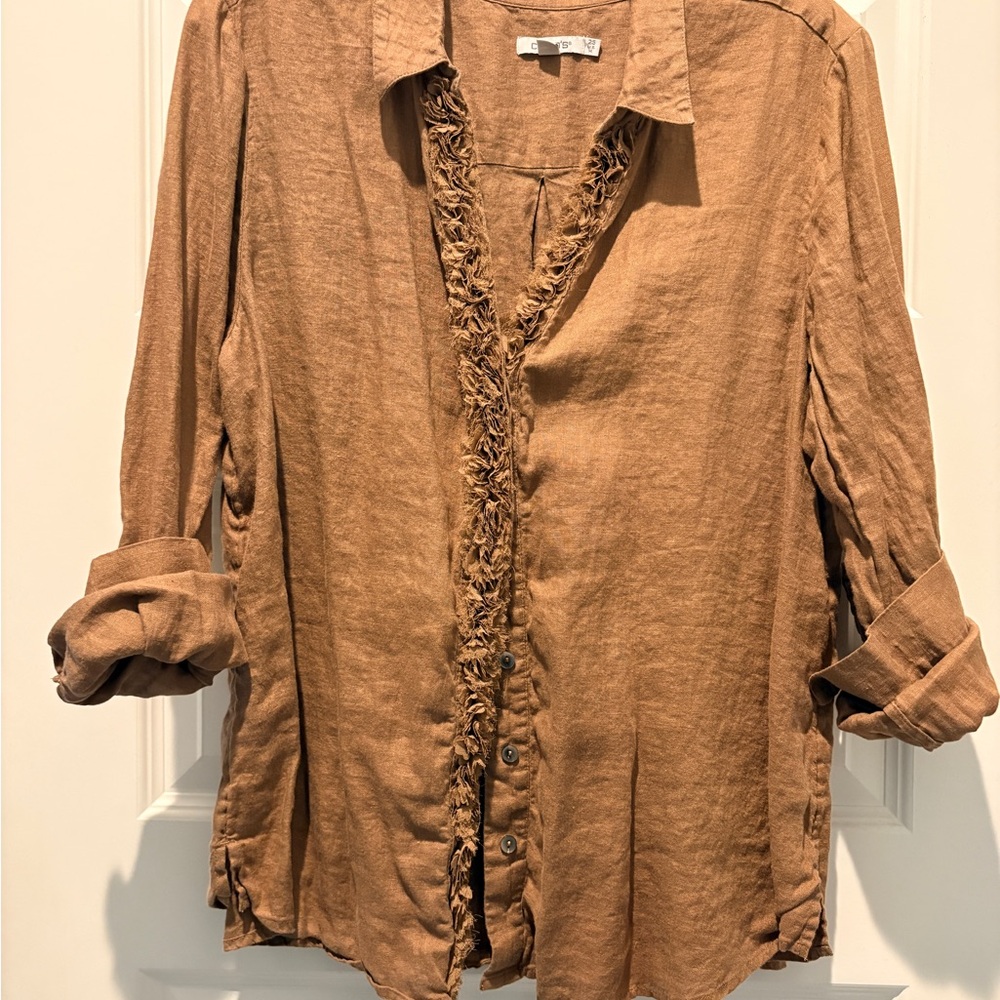 Chico's Tan Button-Down Shirt with Ruffle Detail